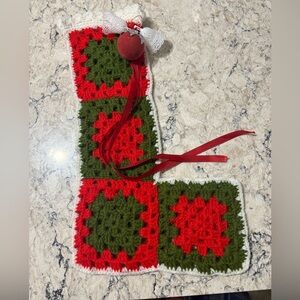 Handmade Vintage Granny Square Crochet Holiday Stocking with Bow